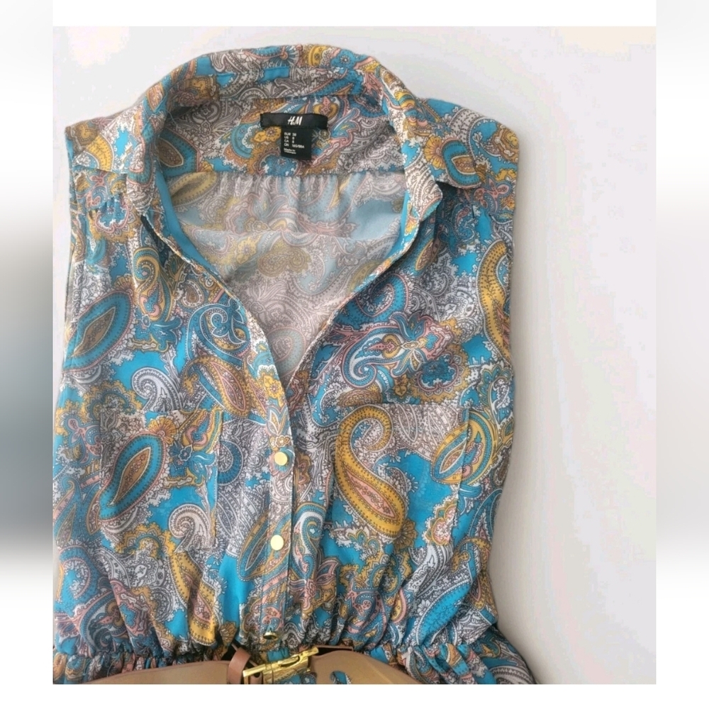 NEW H&M Paisley Sheer Sleevless Belted Midi Fress Blue Festival Boho Fairycore 8 - Picture 5 of 13